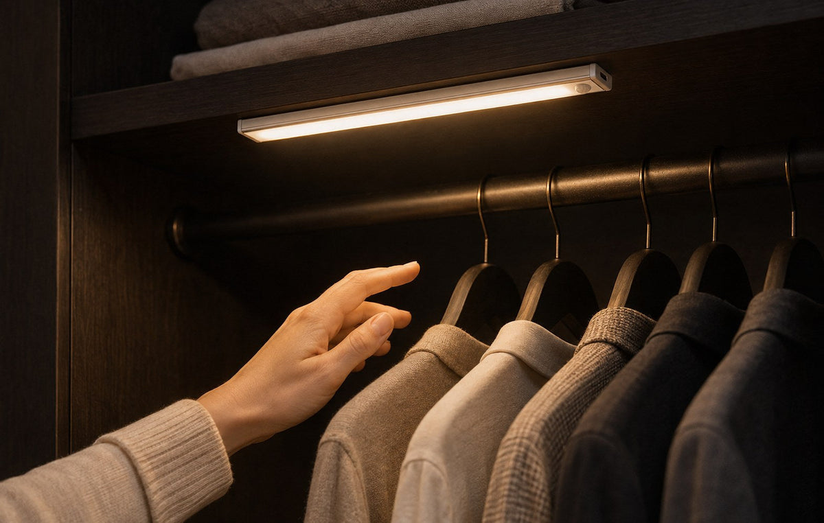 Dwellio wardrobe light mounted under a dark oak shelf, lighting neatly hung shirts and knitwear