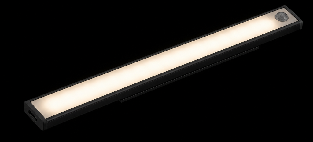 Dwellio motion-sensor wardrobe light in matte black, lit warm white against a black background