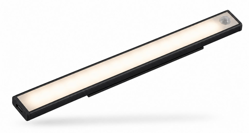 Dwellio motion-sensor wardrobe light in matte black, lit warm white on a white background