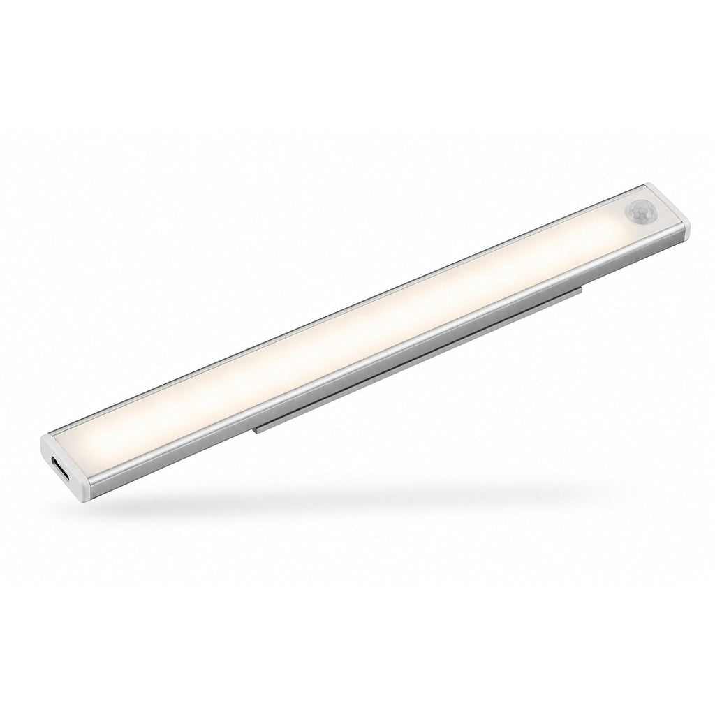 Dwellio motion-sensor wardrobe light, slim silver LED bar lit warm white on a white background
