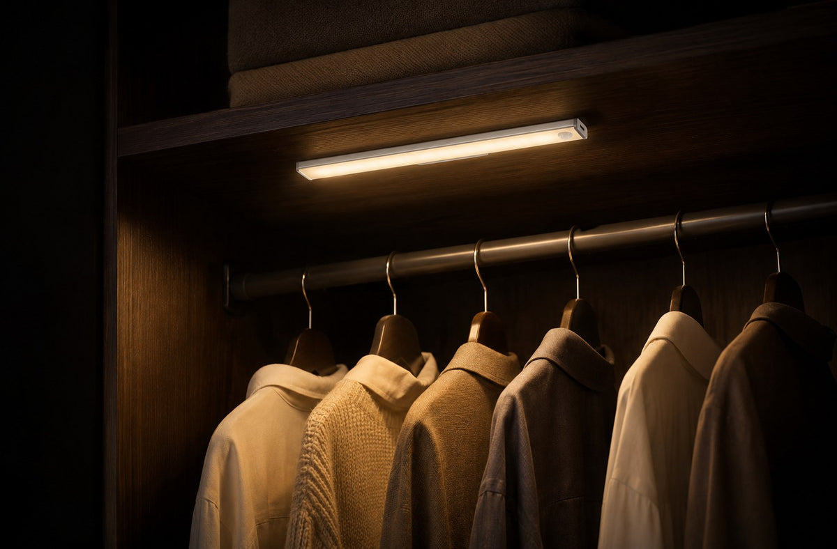 Dwellio LED light bar glowing warm white against a black background, showing its slim aluminium profile
