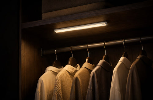 Dwellio LED light bar glowing warm white against a black background, showing its slim aluminium profile