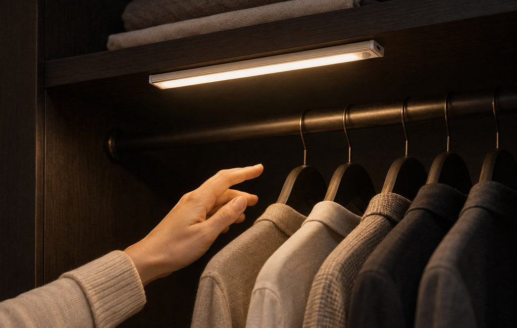 Dwellio wardrobe light mounted under a dark oak shelf, lighting neatly hung shirts and knitwear