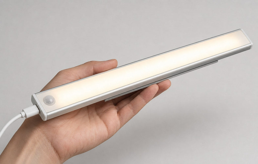 Dwellio LED bar held in a hand with USB-C charging cable attached, showing its compact size