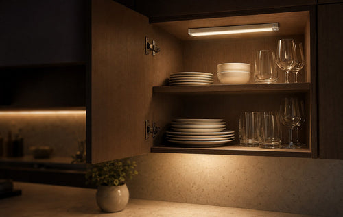 Three Dwellio motion sensor lights mounted along a staircase wall, lighting the oak steps at night