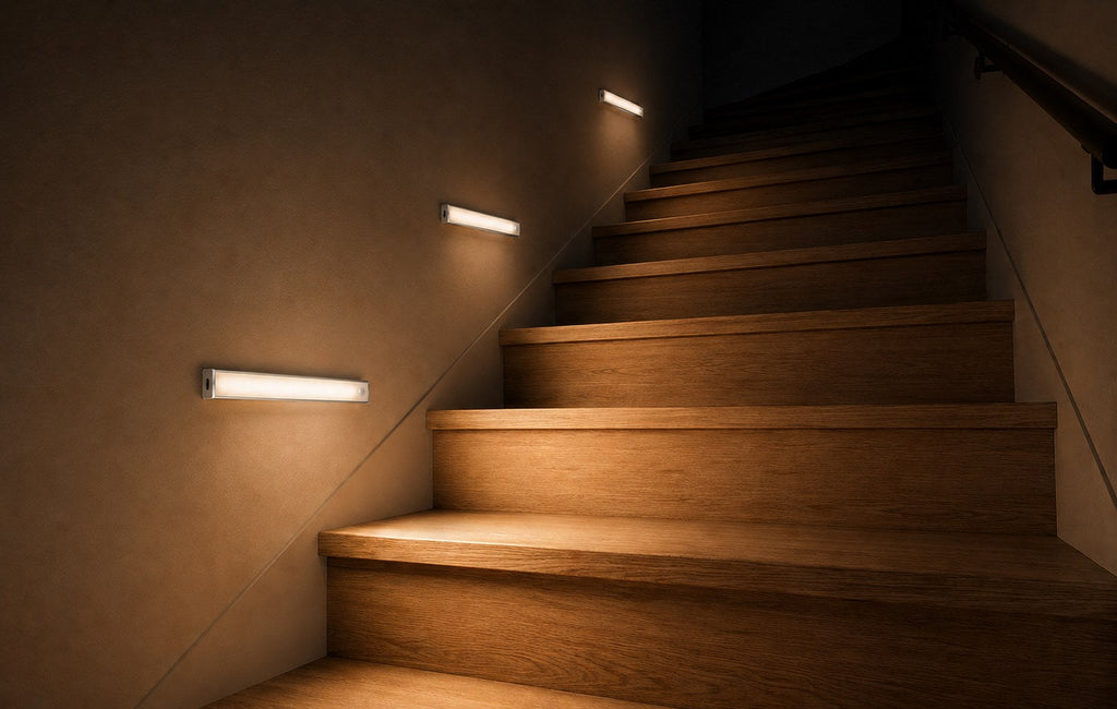 Side by side comparison of a wardrobe before and after fitting the Dwellio motion sensor light