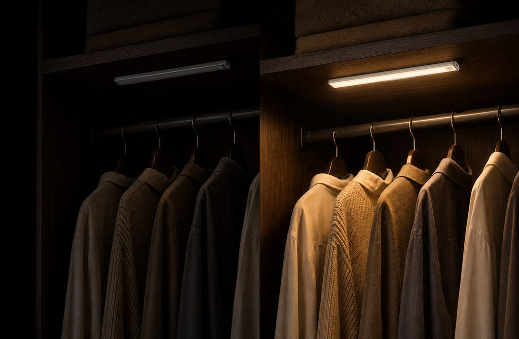 Hand reaching into a dark wardrobe as the Dwellio motion sensor light switches on above the clothes rail
